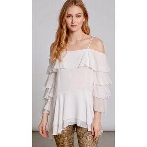 ALICE + OLIVIA Lexia Off White Silk Lyrd Cold Shoulder Ruffled Chiffon Blouse S